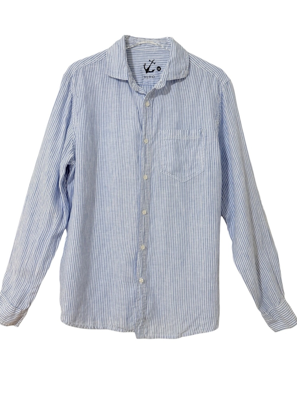 100% Linen Hiho Light Blue Striped Button-Down Shirt Current Stock Size Medium